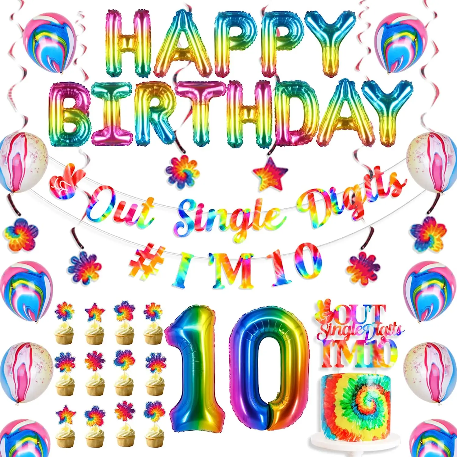 

Tie Dye Birthday Decorations for Girl, Peace Out, Single Digits Banner, Cake Topper, Rainbow Gradient Balloon, Double Digits 10