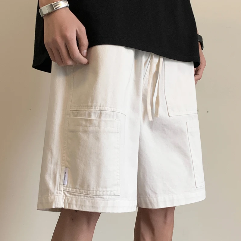 

Summer Solid Color High Street Elastic Waist Knee Length Pants Man High Street Loose Pockets Patchwork Cotton Drawstring Shorts