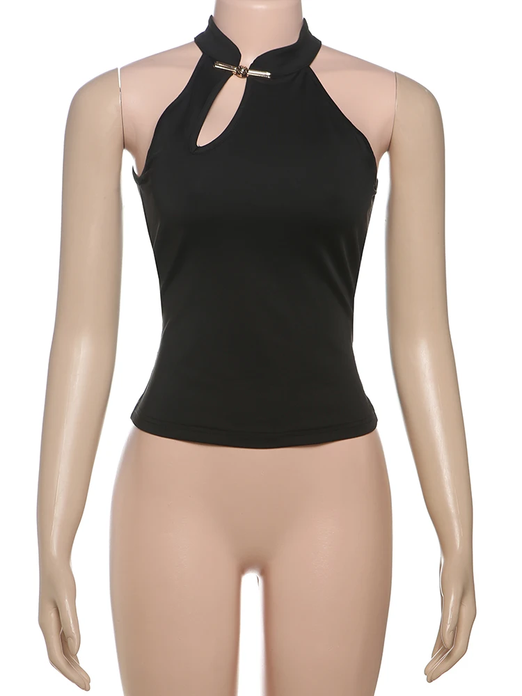 Nibber Hollow Cheongsam Buckle Tank Tops Women Y2K Summer Trend Basic Classic Solid Simple Streetwear Stretch Daily Chic Vest