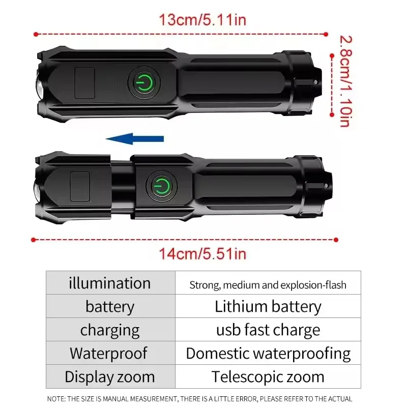 LED 캠핑 토치 손전등 고전력 충전식 USB 스포트라이트 줌 랜턴 낚시 야외 방수에 대 한 배터리 내장