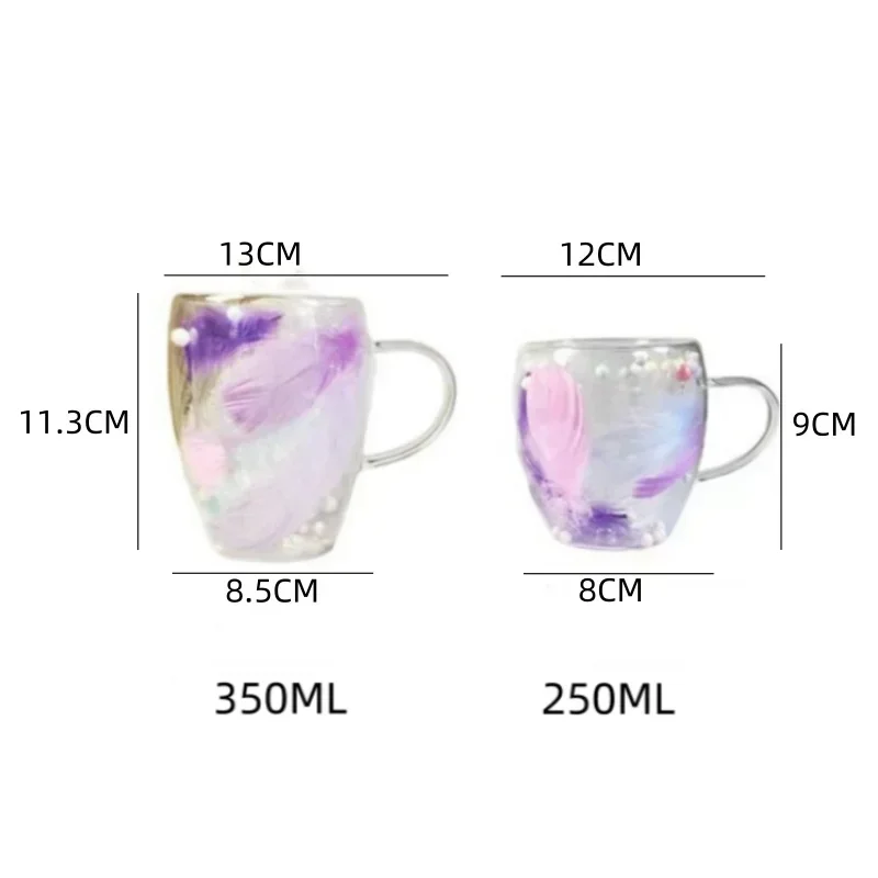 250/350ML Coffee Cup Feather Design Double-layer Glass Mug Heat-resistant Coffee Glass Home Office Yogurt Juice Cup Gift double wall glass cup glass water cup
