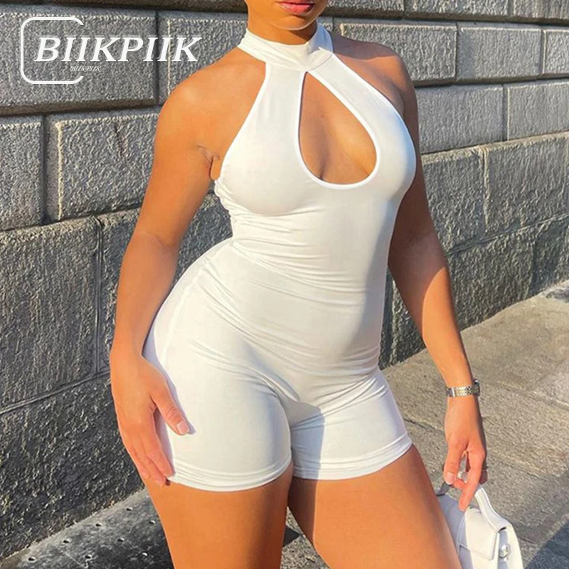 

BIIKPIIK Sexy Hollow Out Skinny Playsuits For Women Sporty Fitness Rompers Casual O-neck Sleeveless Solid Overalls Jogging Trend