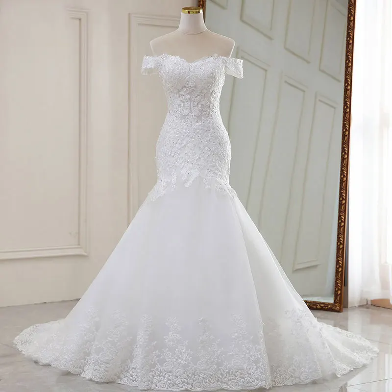 Customized Mermaid Women Wedding Dresses Off Shoulder V Neck Appliques Bridal Gowns Court Train Vestido De Noiva robe de mariée 2