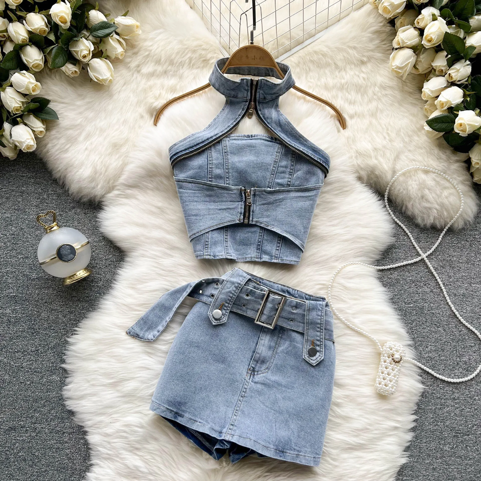 

Denim Suit Women's Summer New Retro Hong Kong Style Halter-Neck Short Top Skirt Two-Piece Set