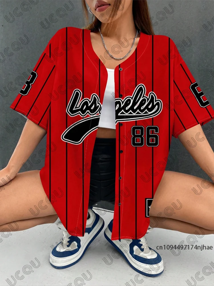 Summer New Retro Red Los Angeles 86 Printed Baseball Shirt