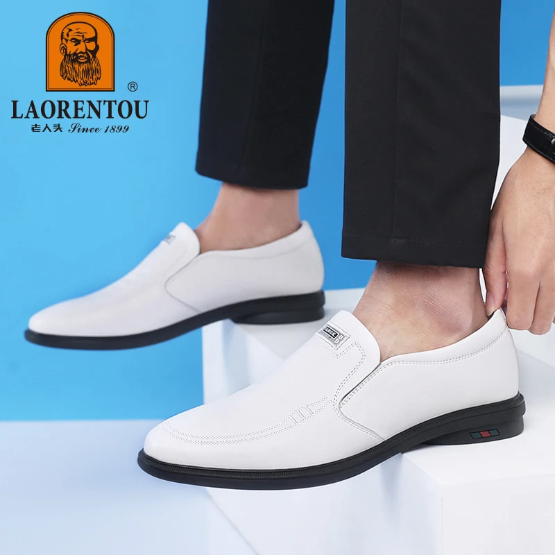 LAORENTOU genuine leather casual leather shoes for men's cowhide breathable soft soles, youth trend leather shoes white/blue 5