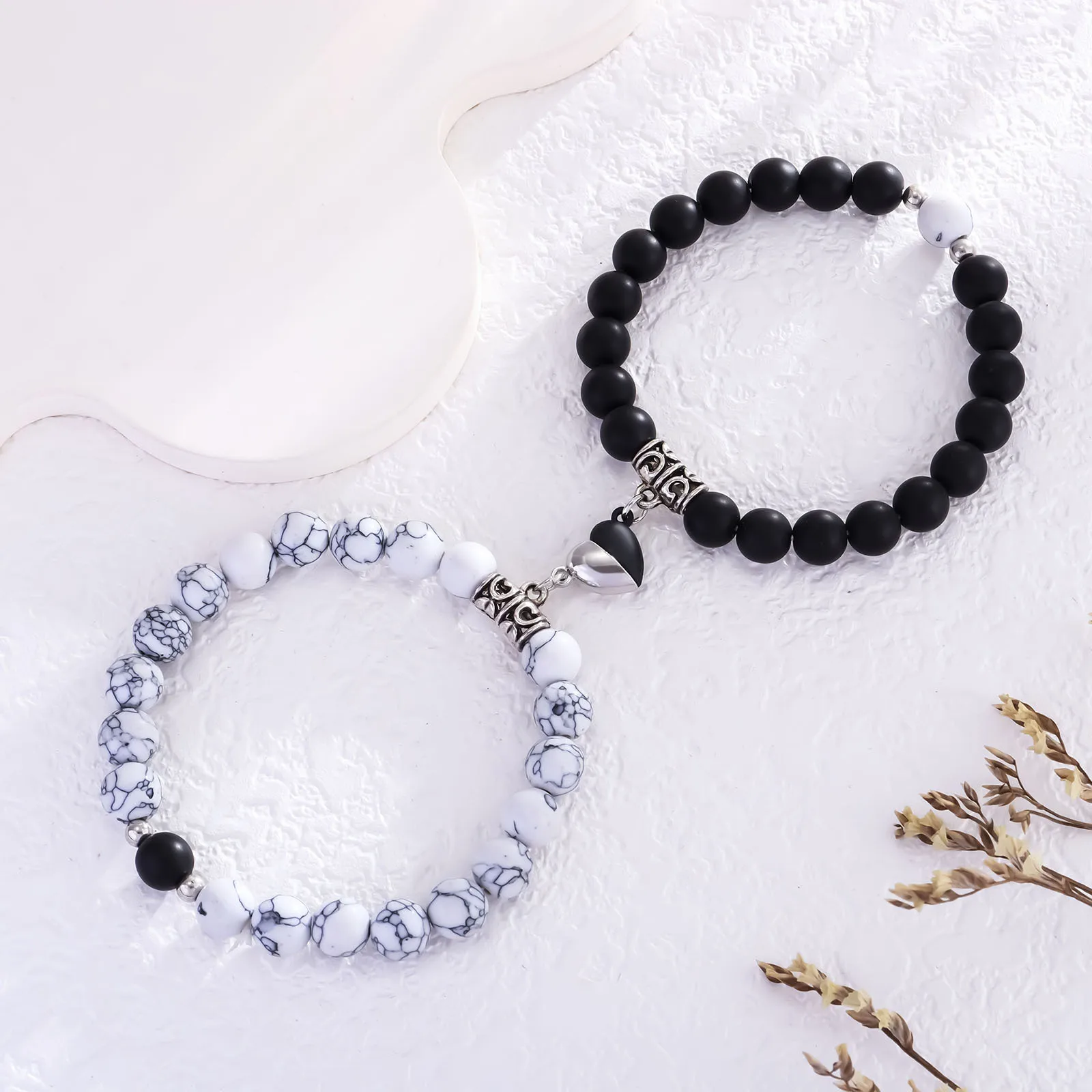 Natural Stone Beaded Heart Magnet Attraction Couple Bracelets for Women Men Simple Love Relationship Bracelet Jewelry 2Pcs/Set
