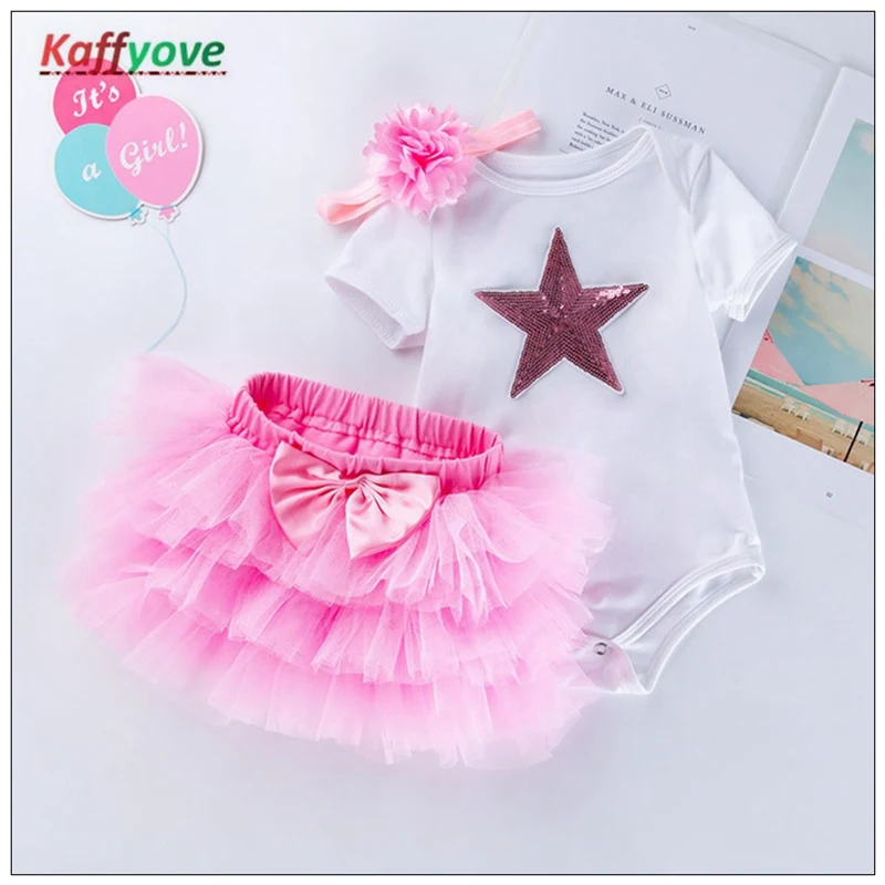 

Newborn Girl Clothes First Birthday Tutu Skirt Bowknet Elegant Pageant Infantil Short Sleeve Princess Toddler Summer Pink Suit