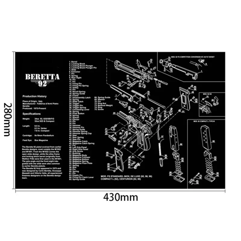 280x430mm Gun Cleaning Rubber Mat With Parts Diagram Instructions Mouse Pad For 1911 Glock HK USP M92 P220 226 4