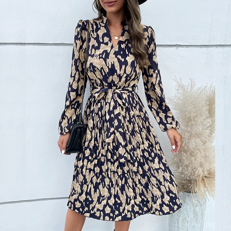 

Vintage Printed Women Dresses 2023 New French Loose V-neck Clothing Long Sleeve Summer A-line Empire Dress YCMYUNYAN