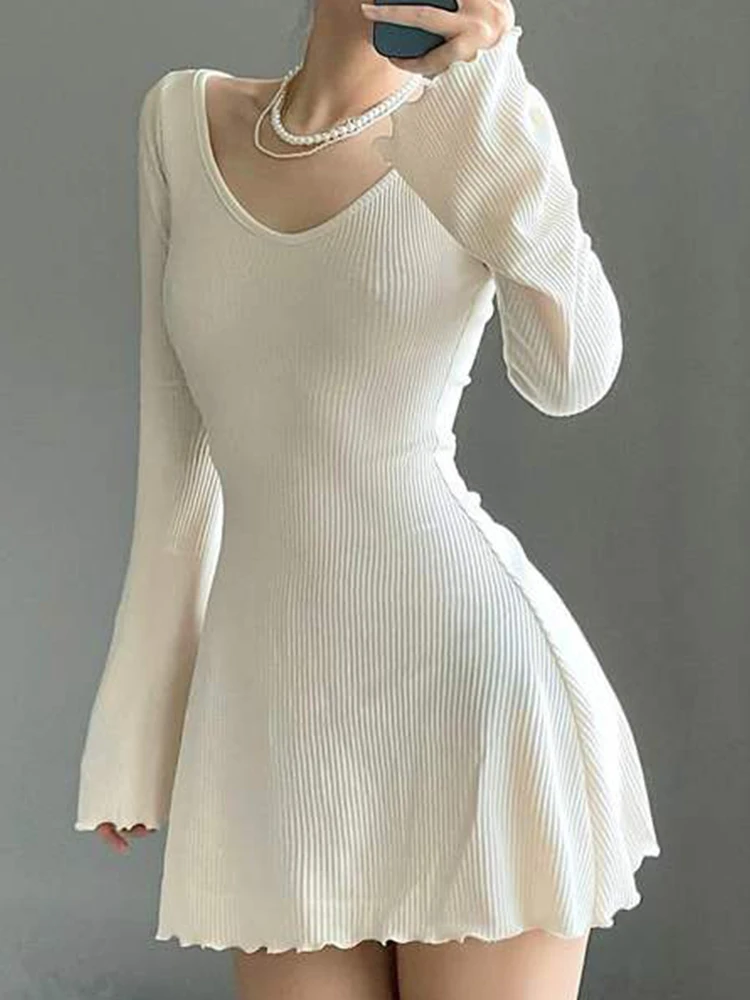 

Knitted Dress Women Pullover Dress Female Solid Elegant Flared Full Sleeve A-line Dresses Lady Fashion Short Skirt Autumn Winter