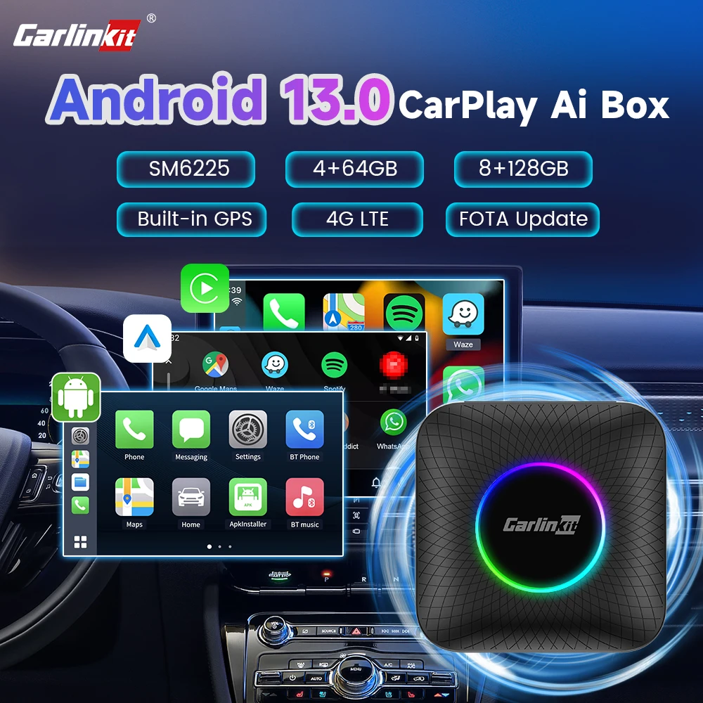 Carlinkit Android 13 Carplay Смарт ТВ приставка Беспроводная Android автоигра поддержка Netflix Youtube SM6225 8 ядер 128 Гб 4G LTE