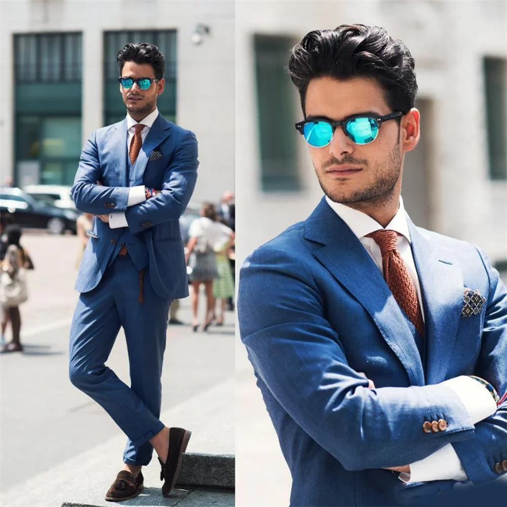 Summer Fashion Linen Blue Smart Casual Men Suit High Quality Slim Fit Blazer Hombre High Street Custom 3 Piece Set Costume Homme