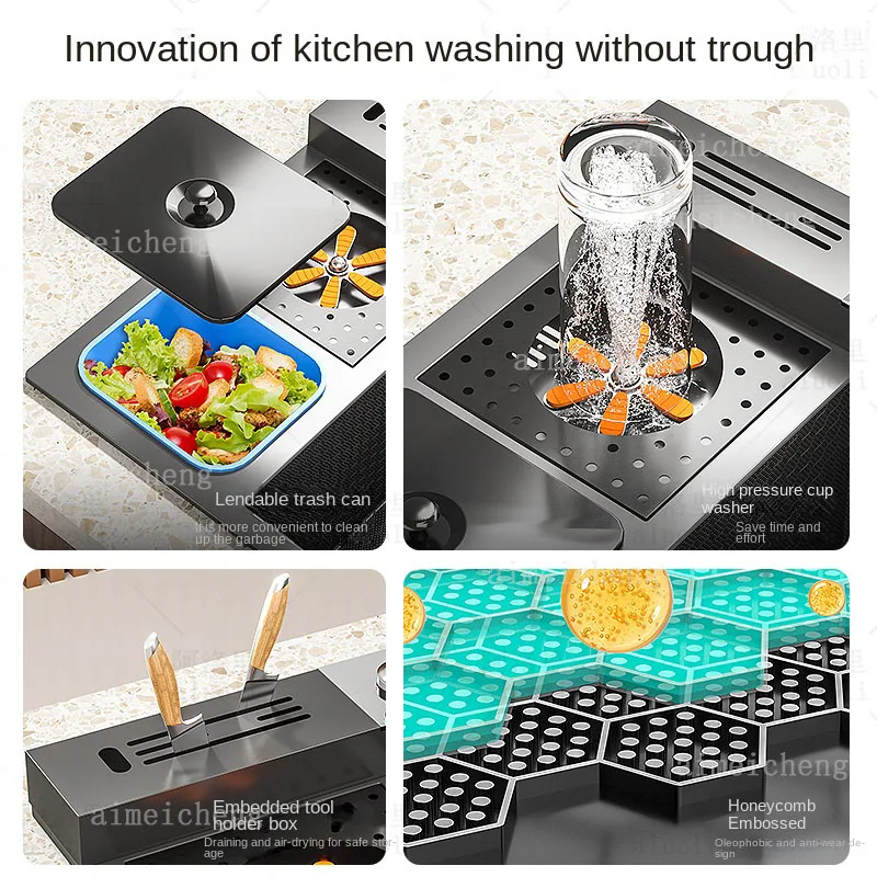 Stainless Steel Waterfall Kitchen Sink Digital Display Large Single Slot Multifunctional Dishwashing Sinks Embossed Washbasin