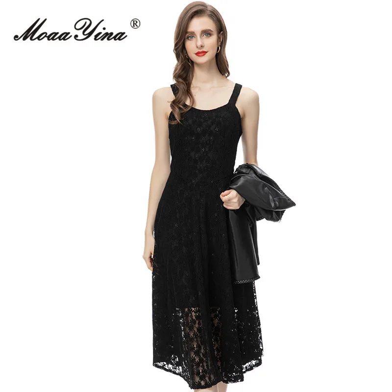 

MoaaYina Autumn Fashion Runway Black Vintage Sling Dress Women Square Collar High Waist Lace Long Dress+Short Coats 2 Pieces Set