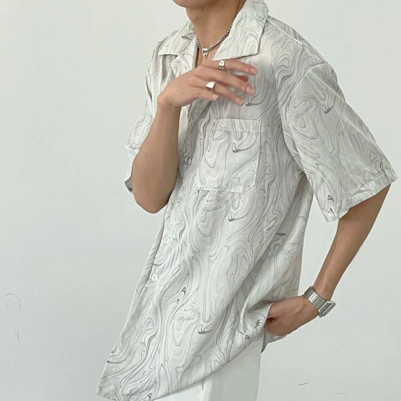 High Street Casual Wave Pattern Pocket Short Sleeve Man Shirt Summer Loose Patchwork Personality Design Temperament Handsome Top