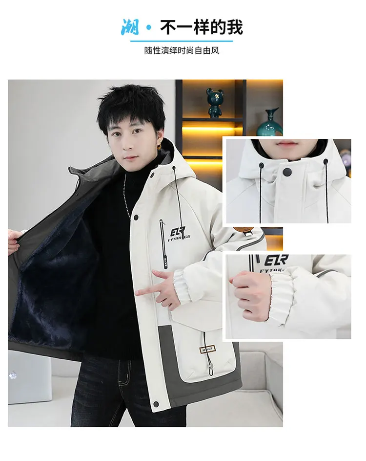 Modische Herren-Fleece- und verdickte Kapuzenjacken, 2025, Herbst-Winter, warme Parkas, Jugend-Outwear, winddicht, lose Plüsch-gepolsterte Mäntel – Detail 7