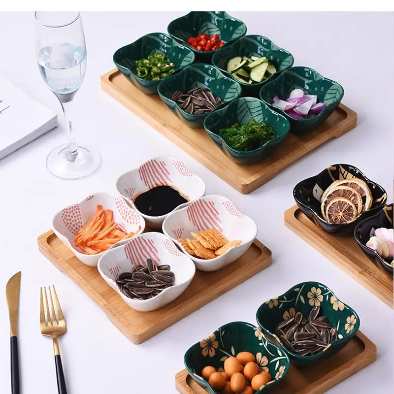 Elegant Ceramic Snack Platter with Wooden Base – Stylish Living Room Serving Dish for Fruit, Candy, and More