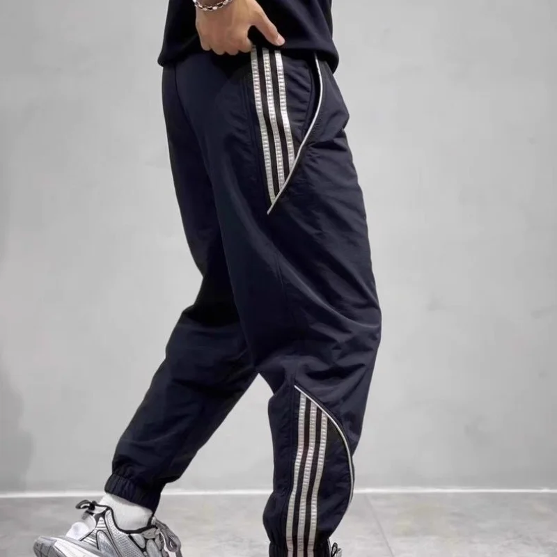 2024 Summer New Men's Ice Shreds Trousers Contrast Color Spliced Elastic Drawstring Loose Trendy Striped Sweatpants Pants