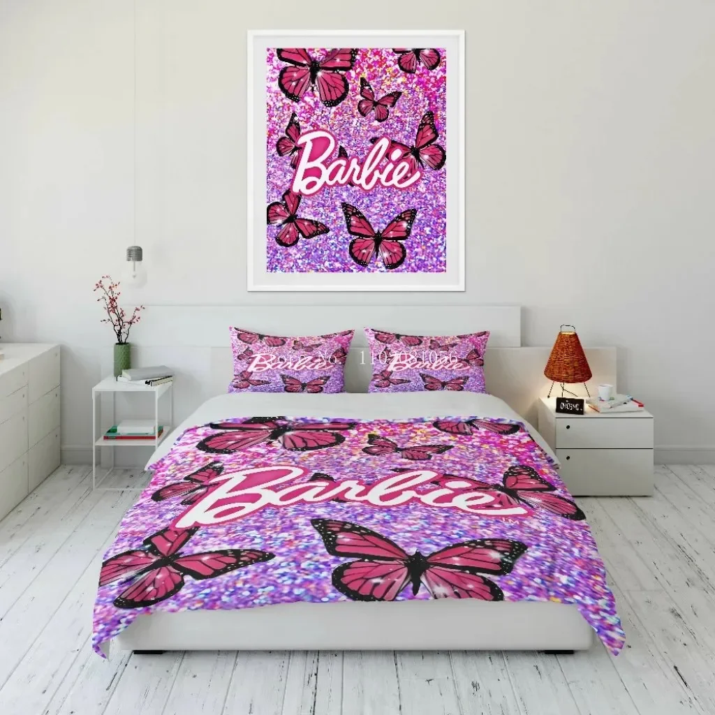 미니 바비 프린트 이불 커버 베갯잇 침구 세트, 어린이 성인용 편안한 침대 세트, 트윈 킹 핑크 장식 선물, 12 사이즈
