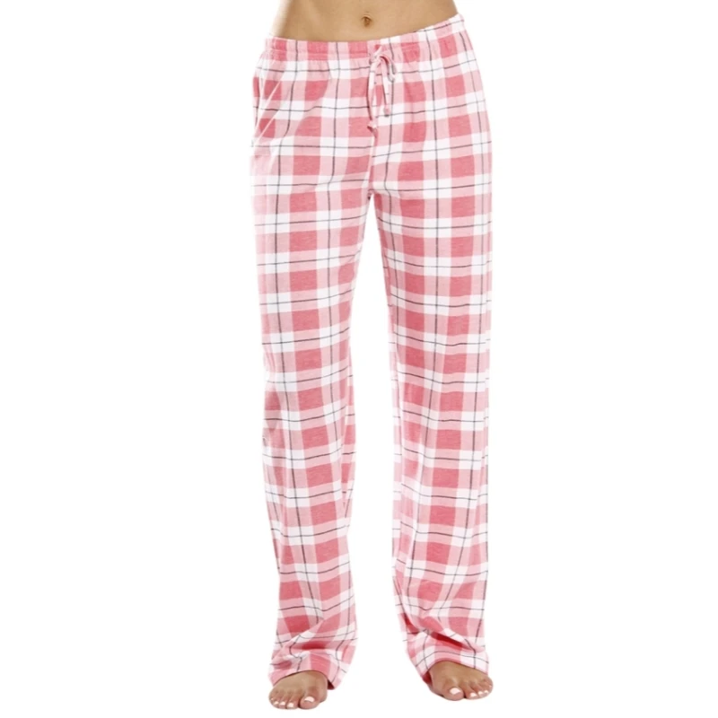 

Spring Autumn Women's Elastic Plaid Pajama Pants Home Casual Loose Drawstring Checkered Printed Wide Leg Sleeping Trousers