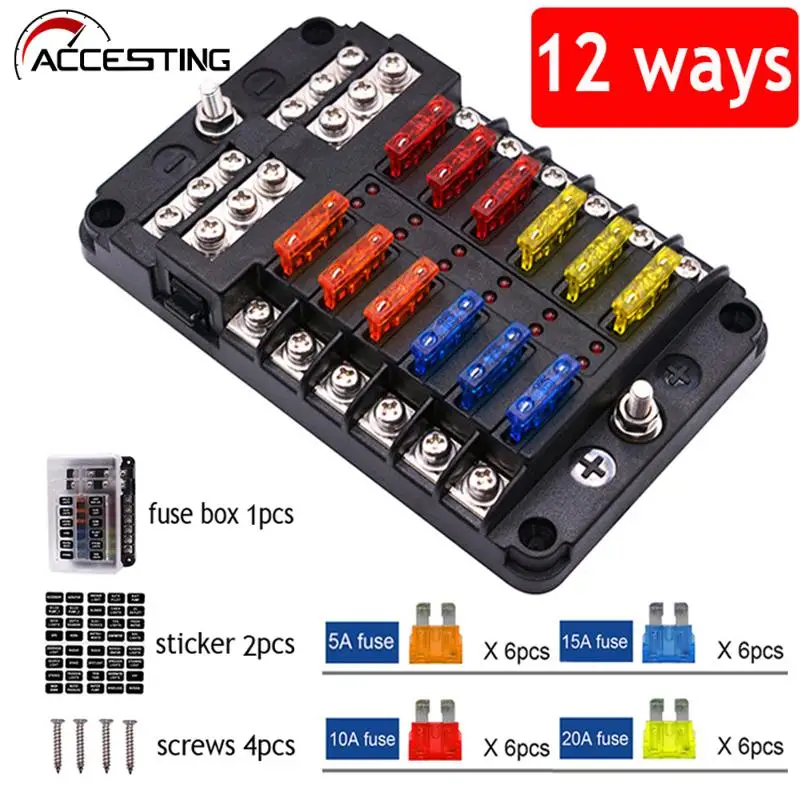 Car Boat Fuse Box Holder With 12 Way Blade Fuse Holder Block & Warning Indicator 12V~24V Power Distribution Panel Board 1