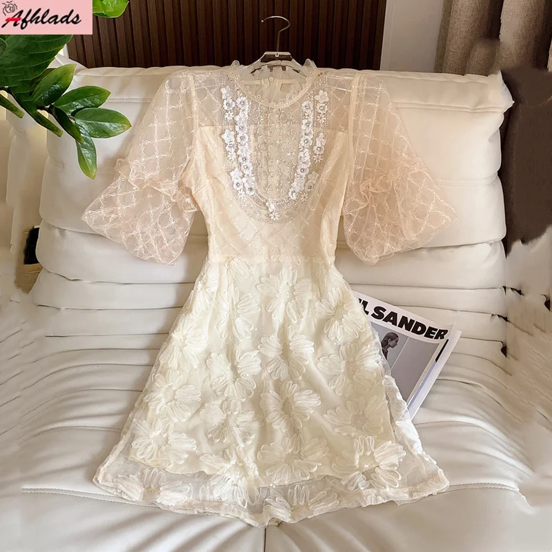 

Diamond Embroidered Flower Stand Collar Puff Short Sleeve Slim Fit Dress Summer High Waist Elegant Women Party Vesidos