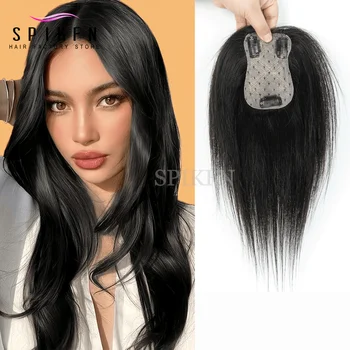 Black '7x11'cm Hair Toppers Middle Part Women Human Hair Topper with Lace Base Clips in Hair Extensions Human Hairpieces