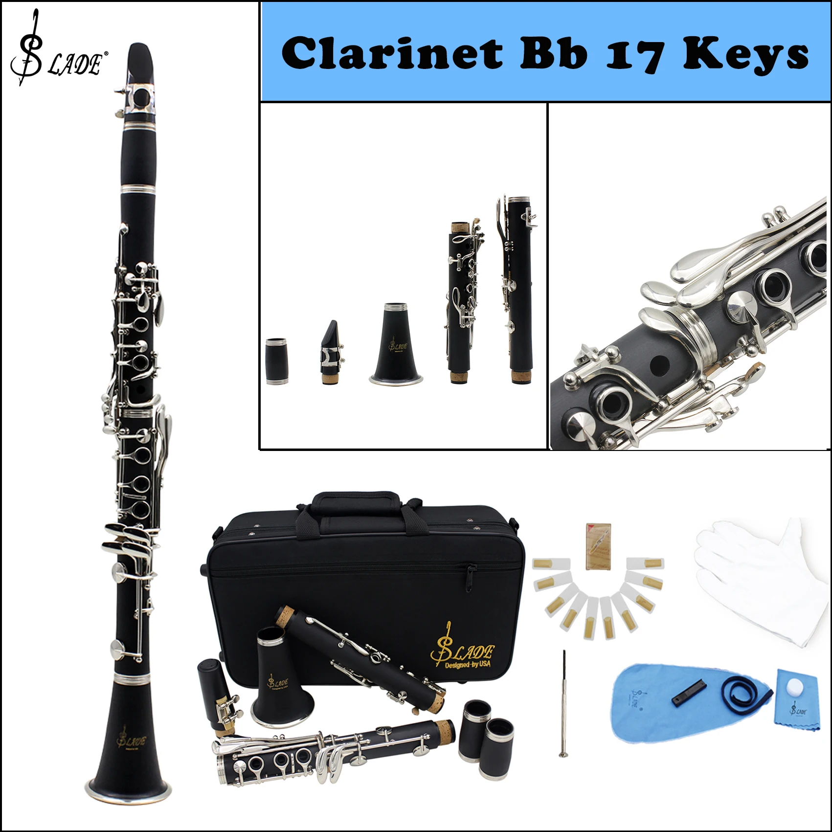 SLADE Clarinet Bb Clarinet 17 Keys 6 Rings Clarinetto Blackwinds Portable Bakelite With Parts Woodwind Instruments