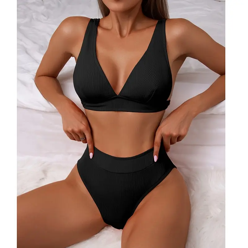 CALOFE Ribbed Bikini High Waist Swimsuit Women Push Up Swimwear 2021 Sexy V-neck Biquini Solid Bathing Suit Summer Beachwear