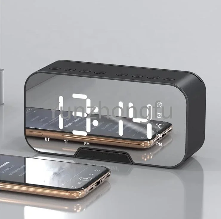

BT Speaker Mirror Desk Clock Digital LED Light Desk & Table FM Radio Alarm Clock Electronic Multi Functional 2023