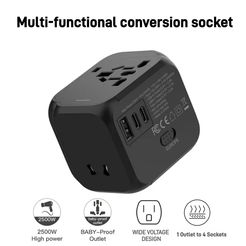 Universal Travel Plug Adapter with European Converter Capabilities – Up to 2500W Capacity