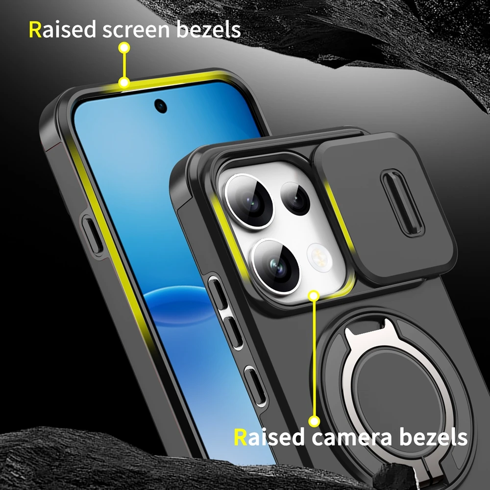Durable Armor Case with Slide Lens Protection and Ring Holder - Shockproof Cover
