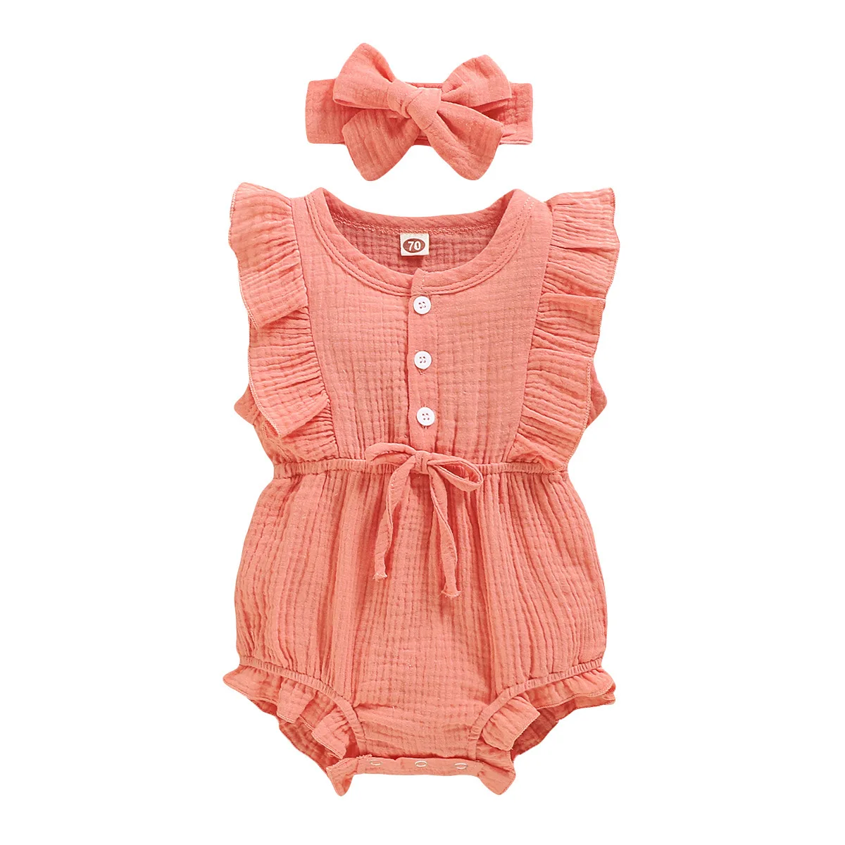 

Newborn Baby Girls Cotton Summer Romper Clothes and Headband Ruffles Linen Sleeveless Infant Rompers