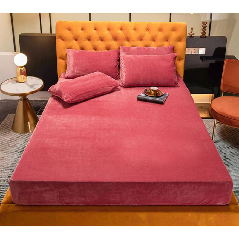 WOSTAR Winter warm velvet elastic fitted sheet mattress cover coral fleece bedspread bed linen double bed protector king size 6