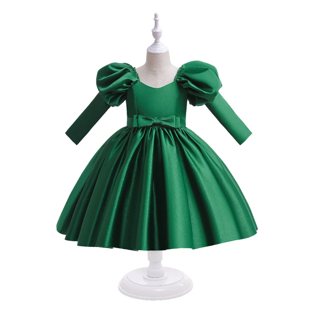 

Long Sleeves Satin Flower Girl Dresses Knee-Length Kids Ballgown Pageant Party Short First Communion Gown