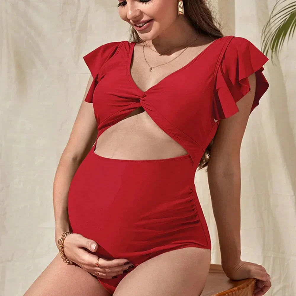 Solid Color Summer Bikinis Maternity Backless Swimsuit Tie Front Bathing Suit V Neck Pregnancy High Cut Swimwear for Women