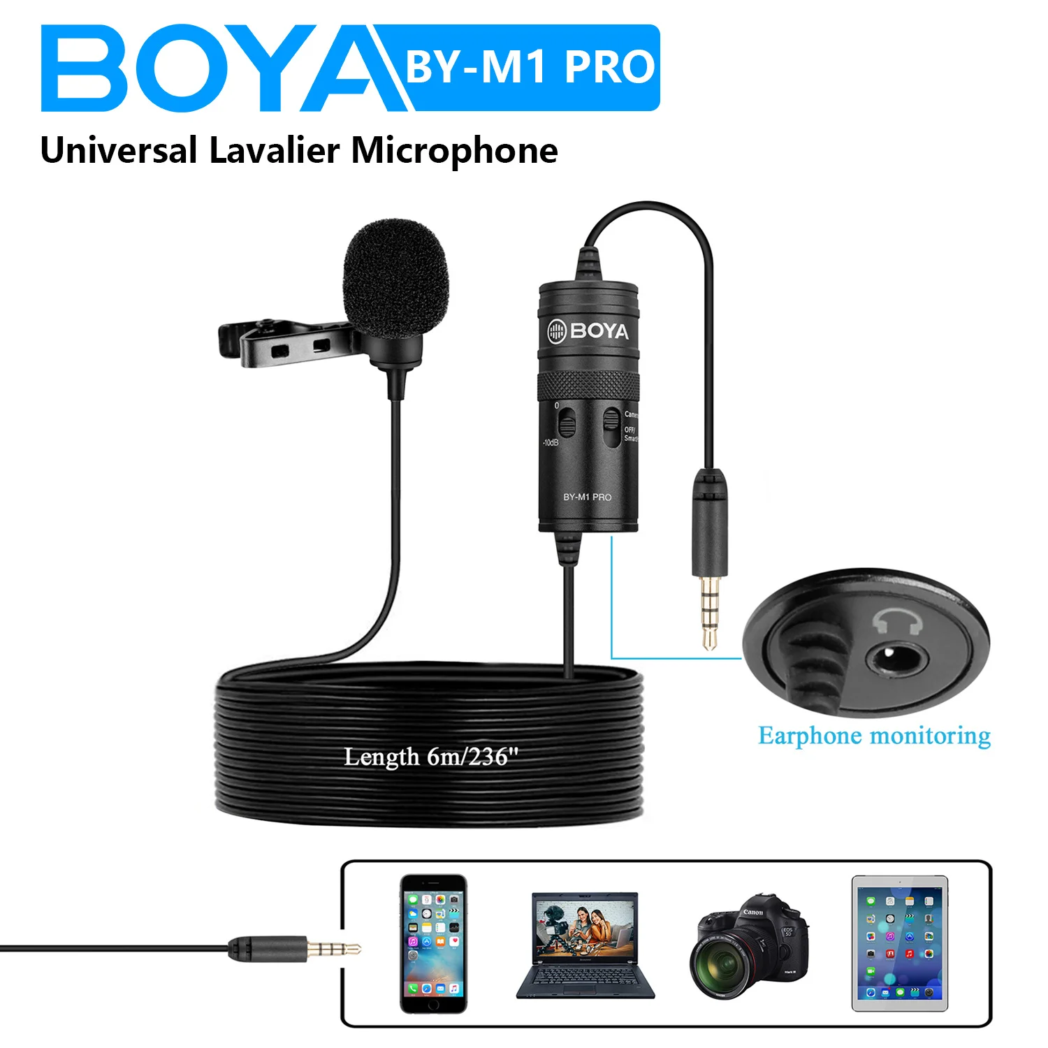 BOYA BY-M1 PRO 6m Clip-on Condenser Lavalier Lapel Microphone for PC Mobile Android DSLRs iPhone Streaming Youtube