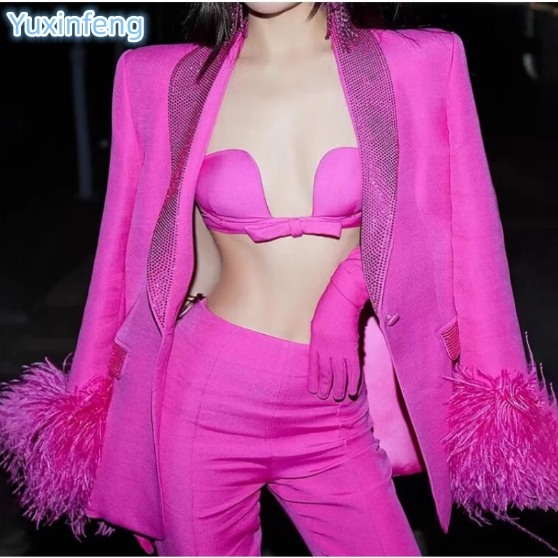 

Yuxinfeng Feather Blazer Women High Quality Luxury Rhinestone Patchwork Ostrich Hair Fashion Ladies Blazers Autumn Coat Rose