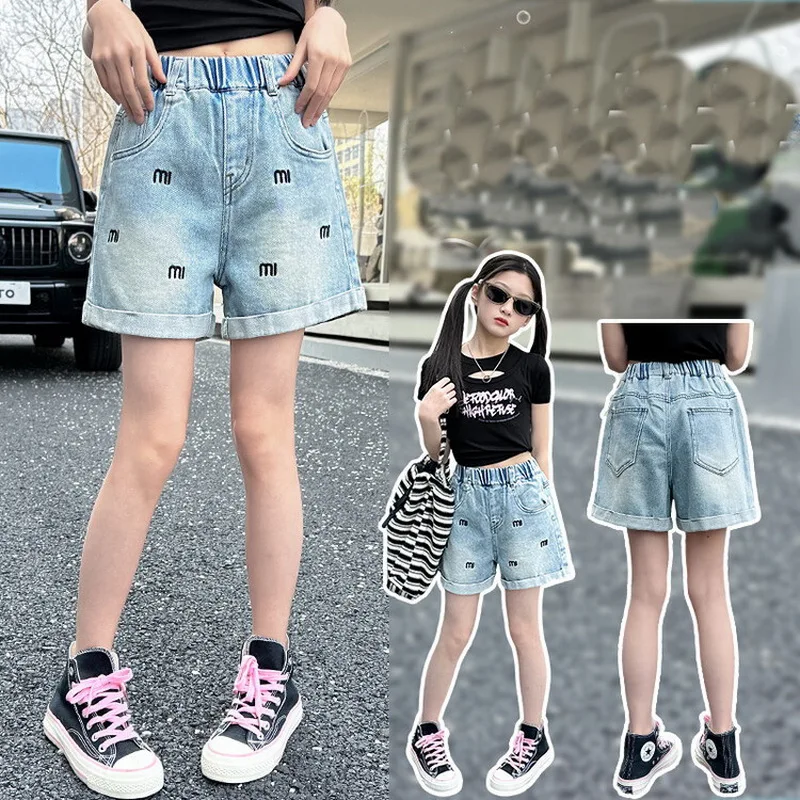 Summer Teen Girls Fashion Letter Embroidery Shorts Korean Style Cotton Kids Clothes School Casual Solid Denim Shorts 5-14 Years