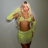 Glitter Rhinestone 3 PCS Set Women See Through Backless Crop Top With Party Mini Skirt And Shiny Sleeve Rave Festival Outfits 4