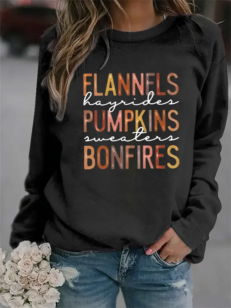 

Cotton Pumpkin Bonfire Print T-Shirt Casual Long Sleeve Crew Neck Fashion Versatile Sweatshirt Women's Clothing