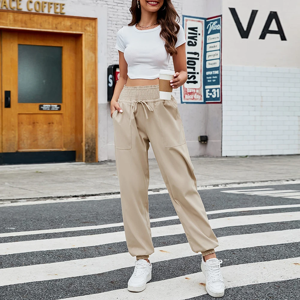 

Keep It Casual with Our Women's Khaki Cargo Pants High Waist Trousers with Soild Color and Elasticated Waistband