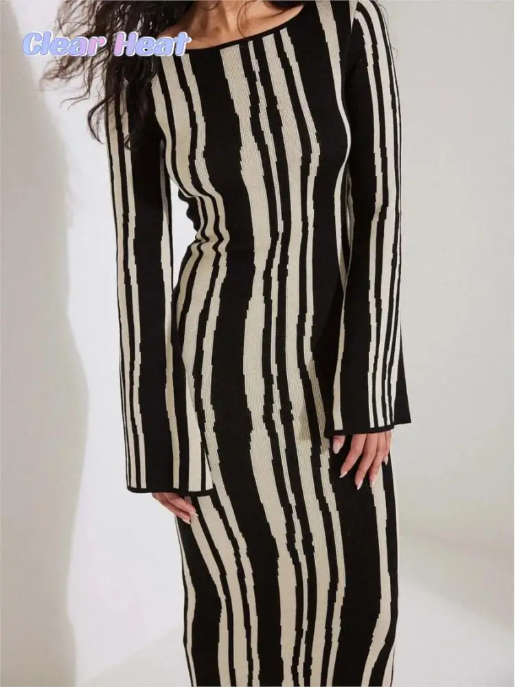 

Fashion Leopard Print Women Slim Dress Striped Long Sleeve O Neck High Waist Female Dresses 2023 Spring Wave Party Evening Robe