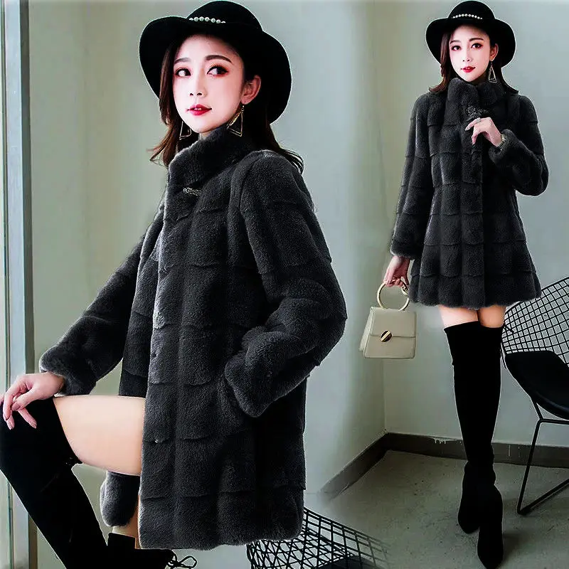 Imitation Mink Women's Standing Neck Coat Medium Long Korean Version Winter Warmth Thickened Long Sleeve Fashion Slim Fit Mink