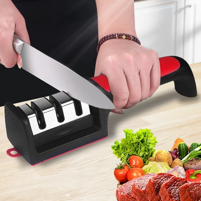 1pc Kitchen Multifunctional Three-stage Quick Sharpening Tungsten Steel  Ceramic Knife Sharpener With Three Slots In Black And Red