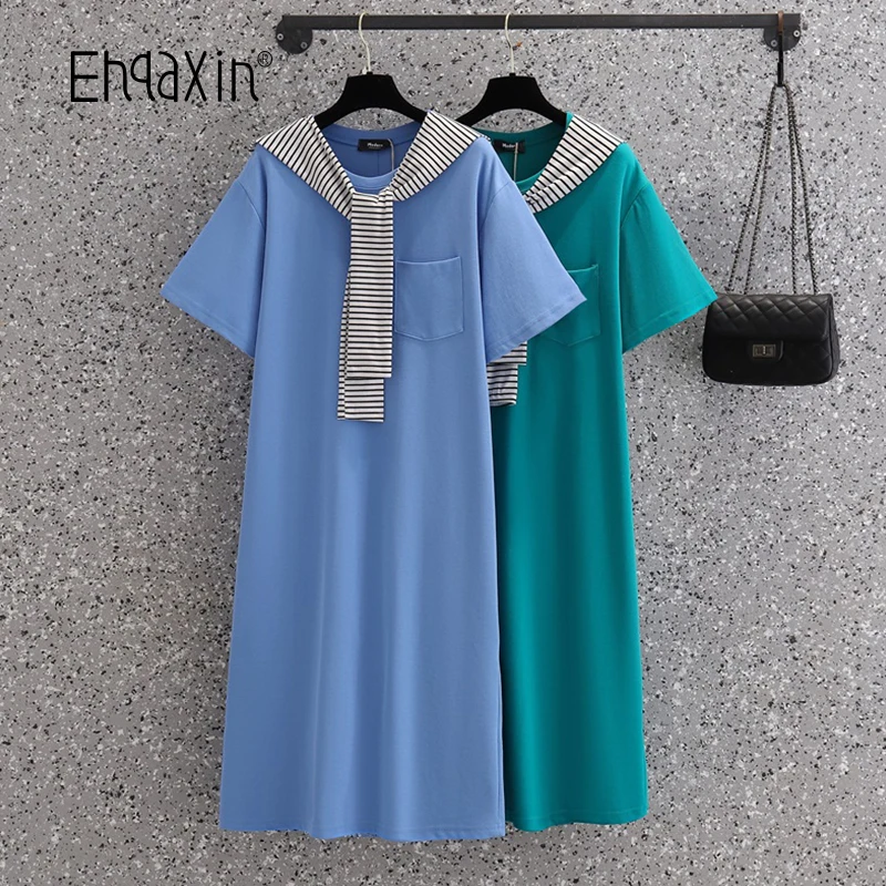

EHQAXIN Summer Ladies Dresses Fashion Loose Casual Long Grace Short Sleeve Shift Dress + New Black White Striped Shawl L-4XL