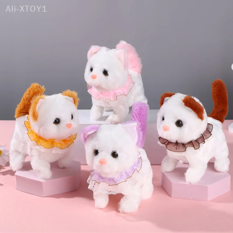 Cute Simulated Collar Lace Kitten Plush Toy Electronic Stuffed Doll Toy Walking Tail Wagging Head Shaking For Kids Birthday Gift