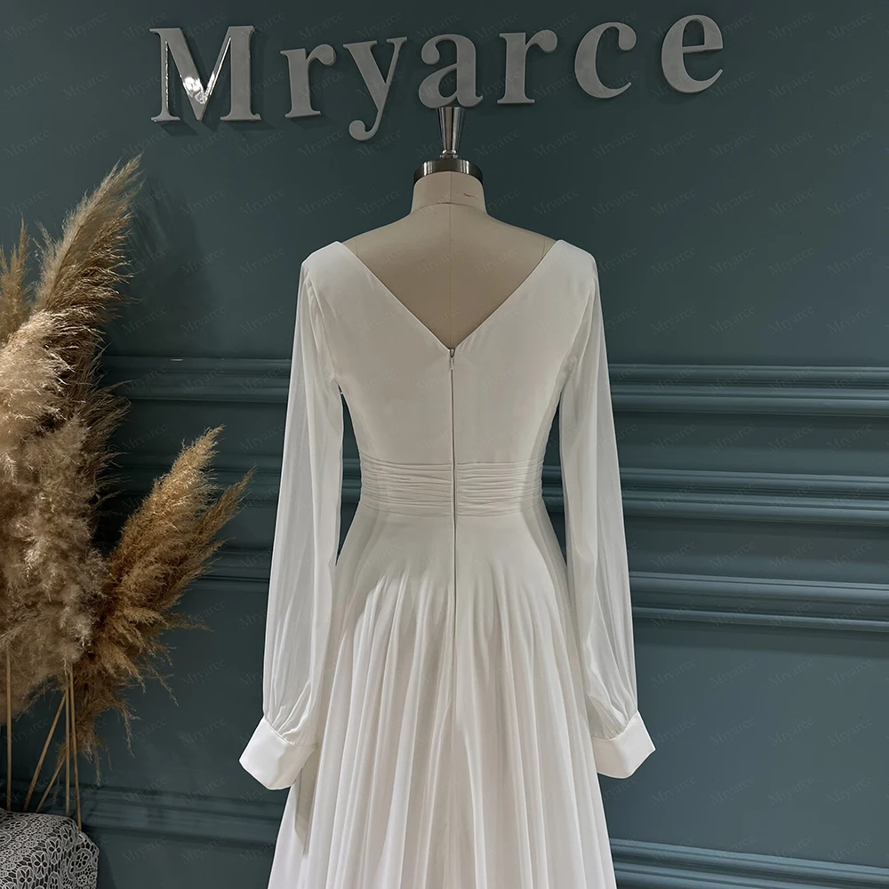 Mryarce Classic Elegant Chiffon A Line Wedding Dresses Deep V Neck Long Sleeves Side Slit Bridal Gowns 6