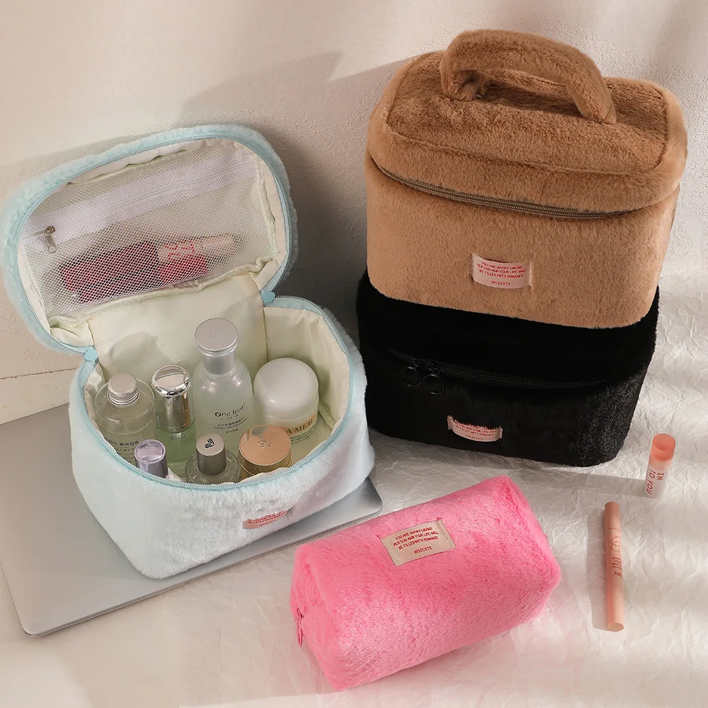 Soft Plush Large Capcity Makeup Bags For Women Daily Cosmetics Organzier Simple Style Tote Travel Toiletry Bag  sac a main 6